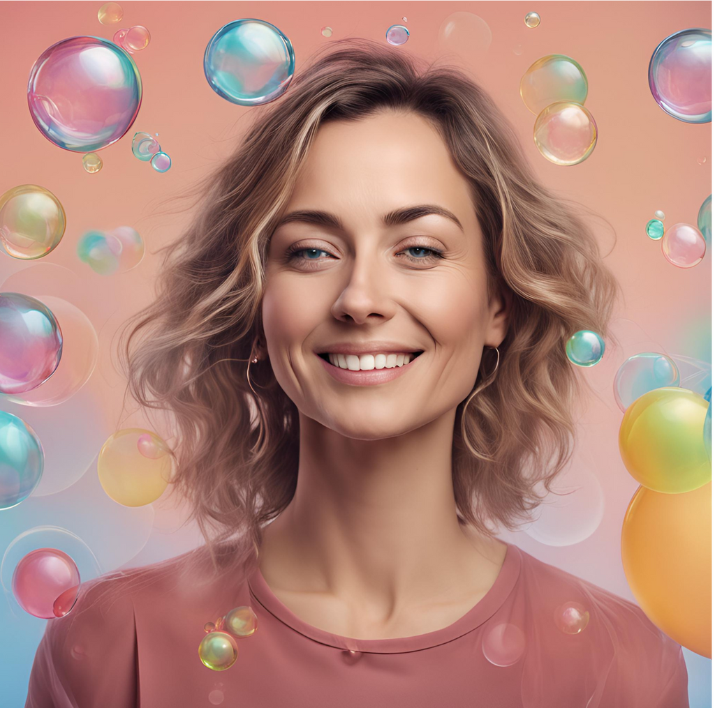 Smiling woman with bubbles flowing all around her.